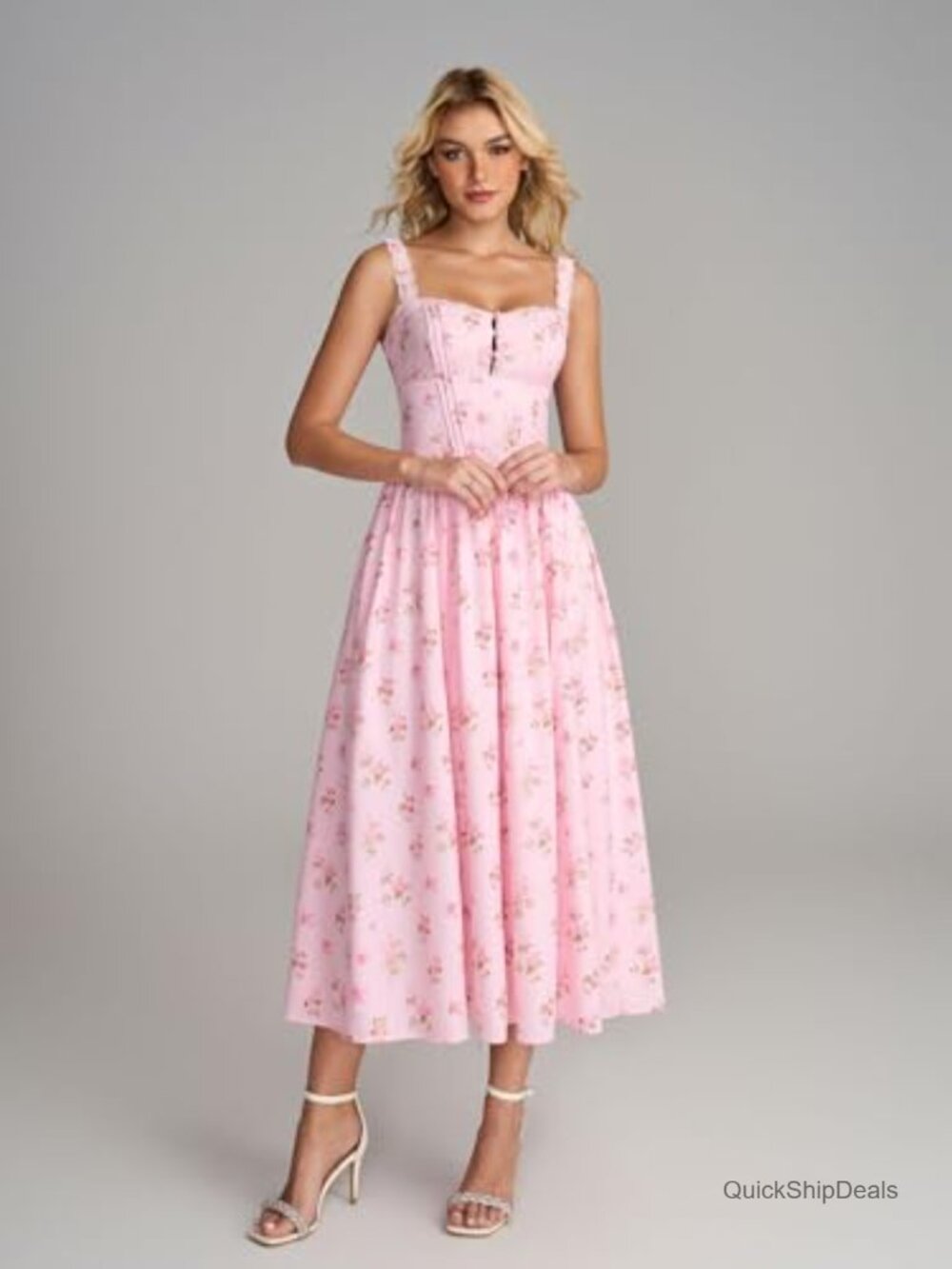Women's Lace Corset Midi Dress Flowy Smocked A-Line with Pockets - Picture 6 of 7